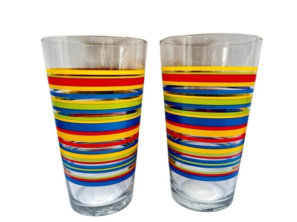 Libbey Vintage Mambo Fiesta Tumbler 16 oz Glasses Multicolored Striped Set of 2